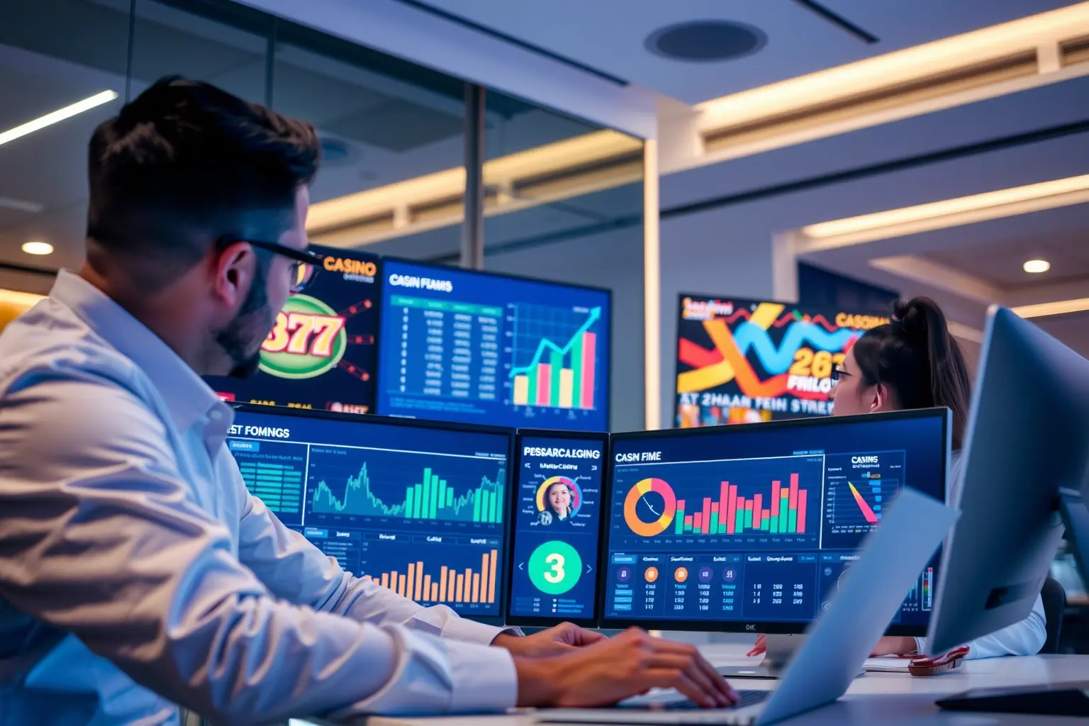 Modern gambling marketing dashboard showing upward trending graphs and casino marketing analytics